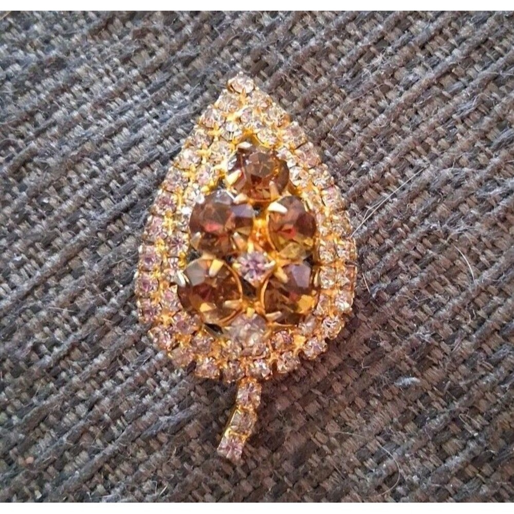 Vintage Apricot Rhinestone Leaf Brooch